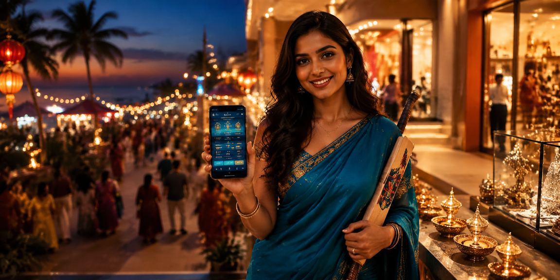 Indian woman enjoying cricket betting on mobile device