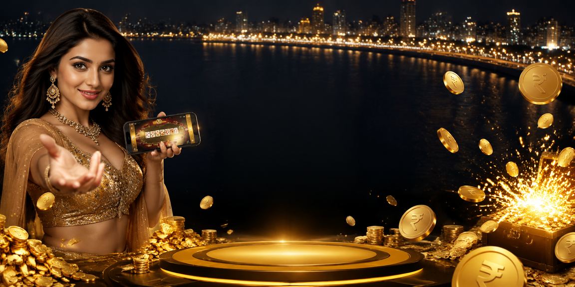 Mumbai Marine Drive at night with neon lights, Teen Patti and Indian Rupee signs